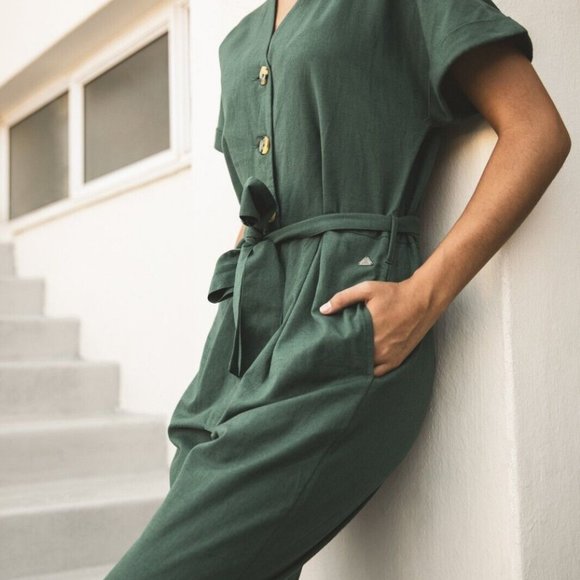 Old khaki jumpsuit Green Button Cotton Wide Leg M 10 - Picture 2 of 7